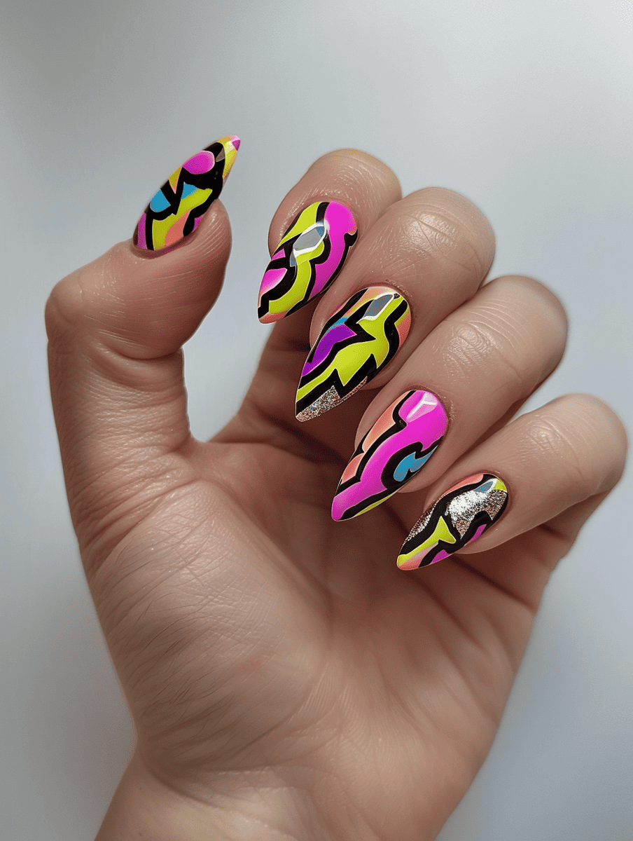 abstract nail art with electric zigzags