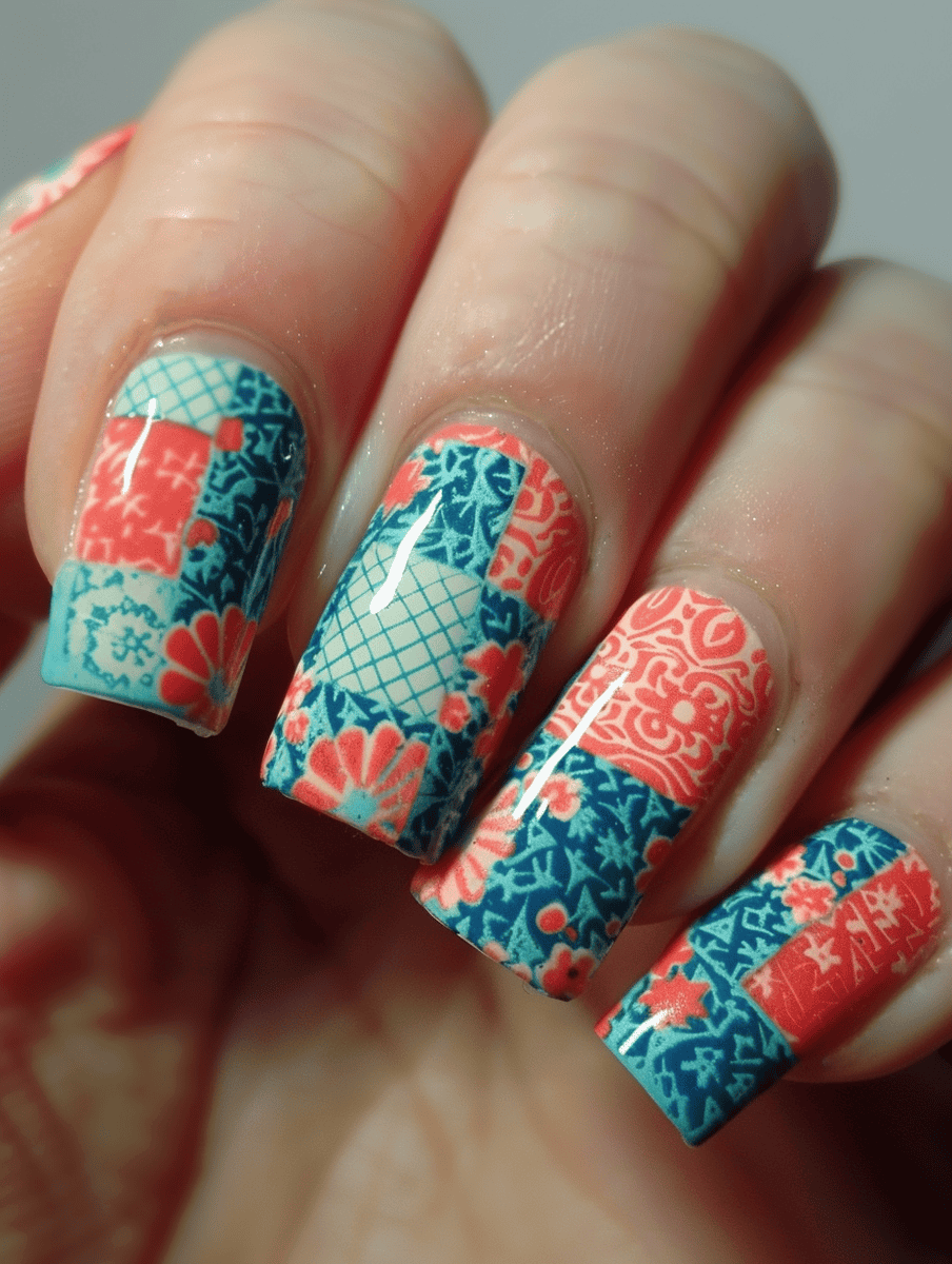 Coral and teal patchwork nail design