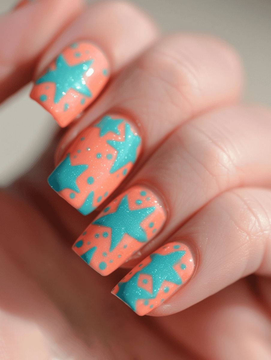  Teal stars on coral background