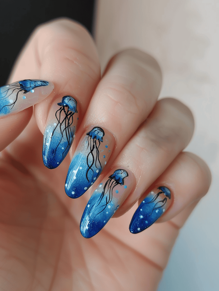 Underwater creature nail art. blue gradient with jellyfish