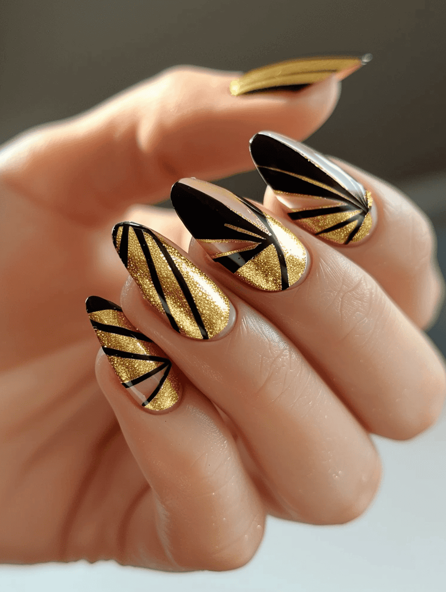 nail art design. Art Deco inspired with Gold and black geometrics