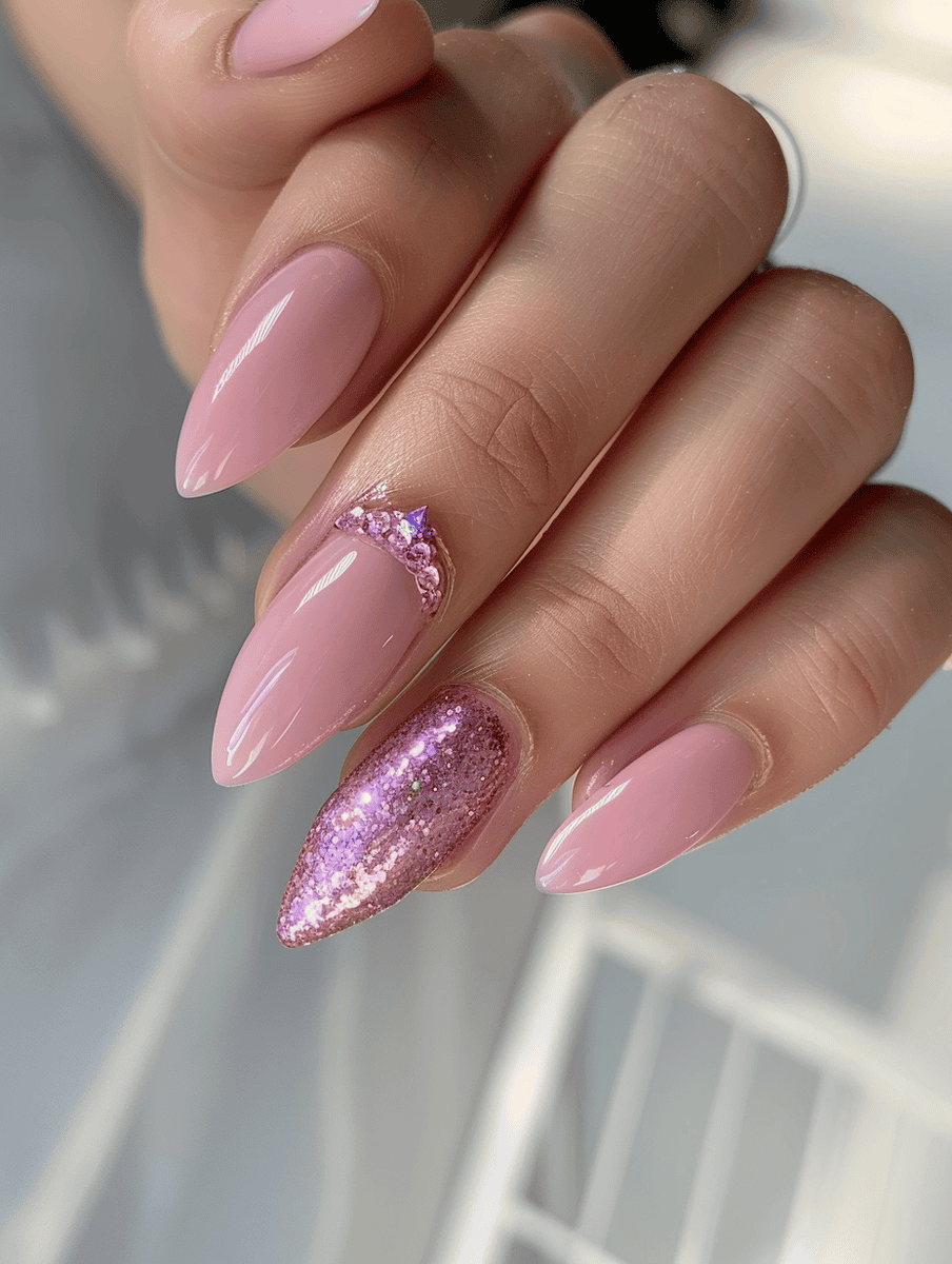 soft pink nail art with a single glitter accent