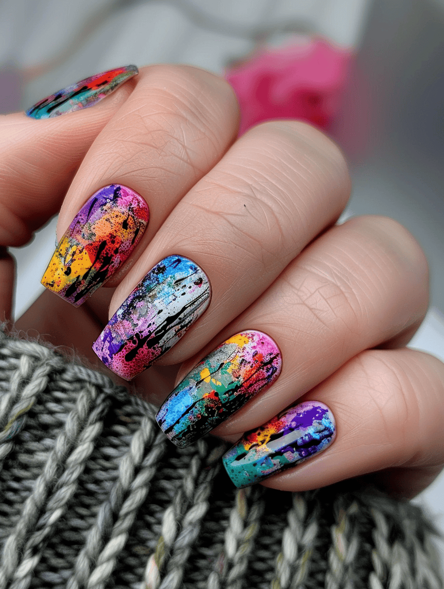 nail art design. Abstract Expressionism inspired with Color splashes