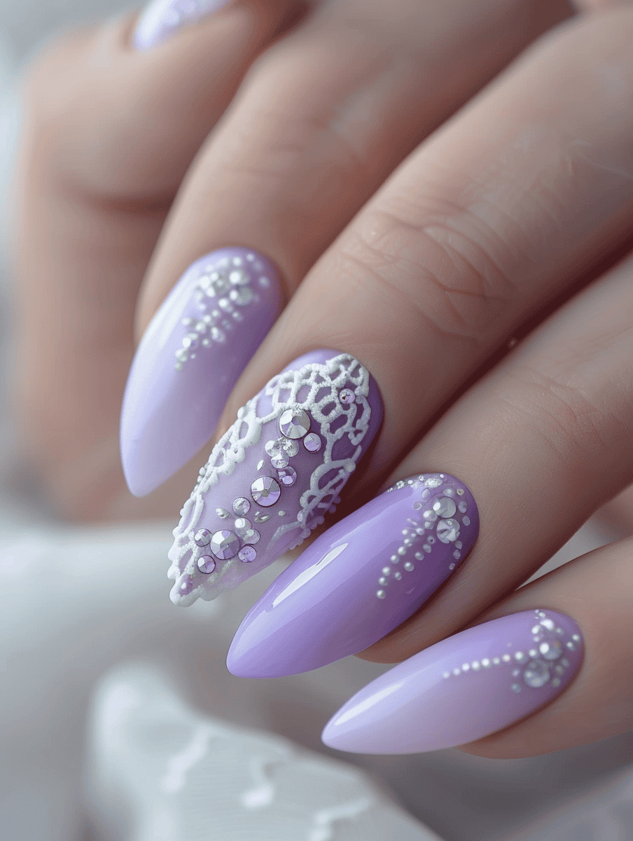 nail art with lace detailing. Soft lavender with lace and rhinestones