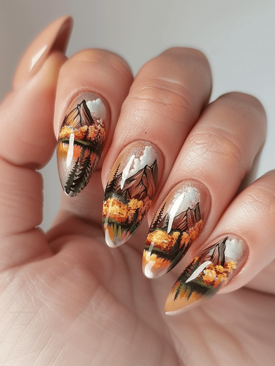 mountain landscape nail art with autumn foliage and mountain reflection