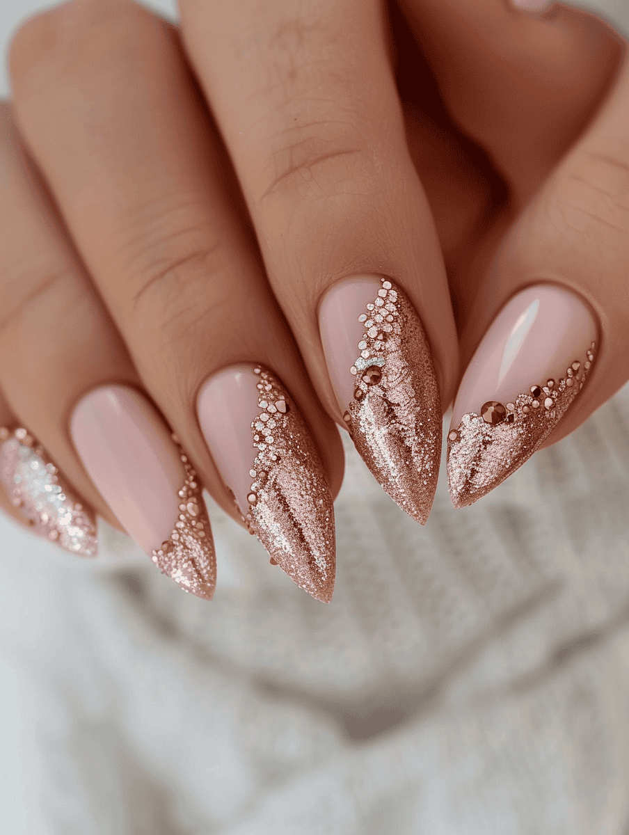 baby pink nail art with rose gold glitter French tips