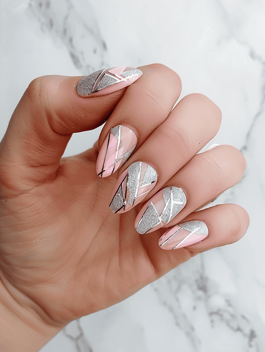 soft pink nail art with silver glitter geometric patterns