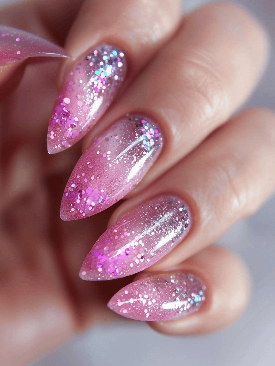 soft pink nail art with glitter galaxy