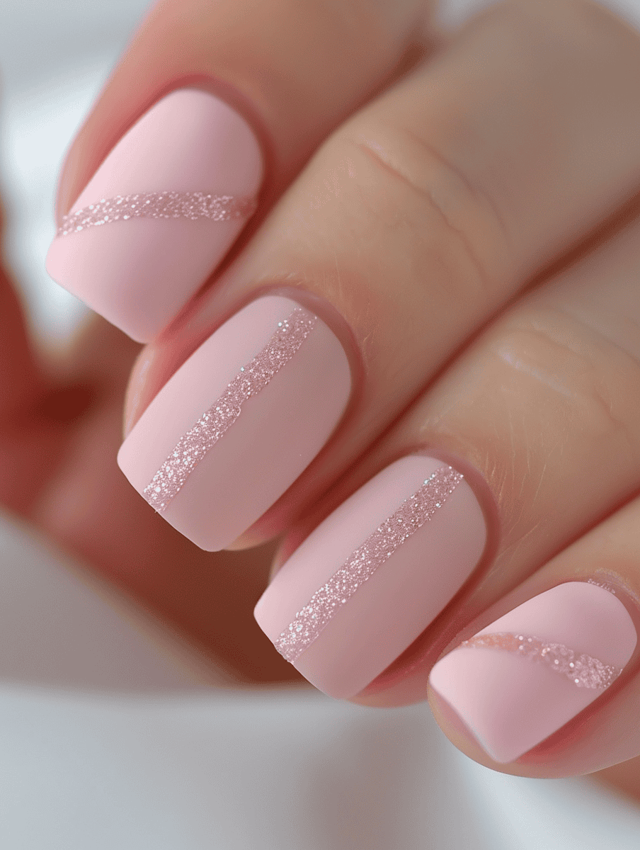 soft pink nail art, matte with glitter stripes