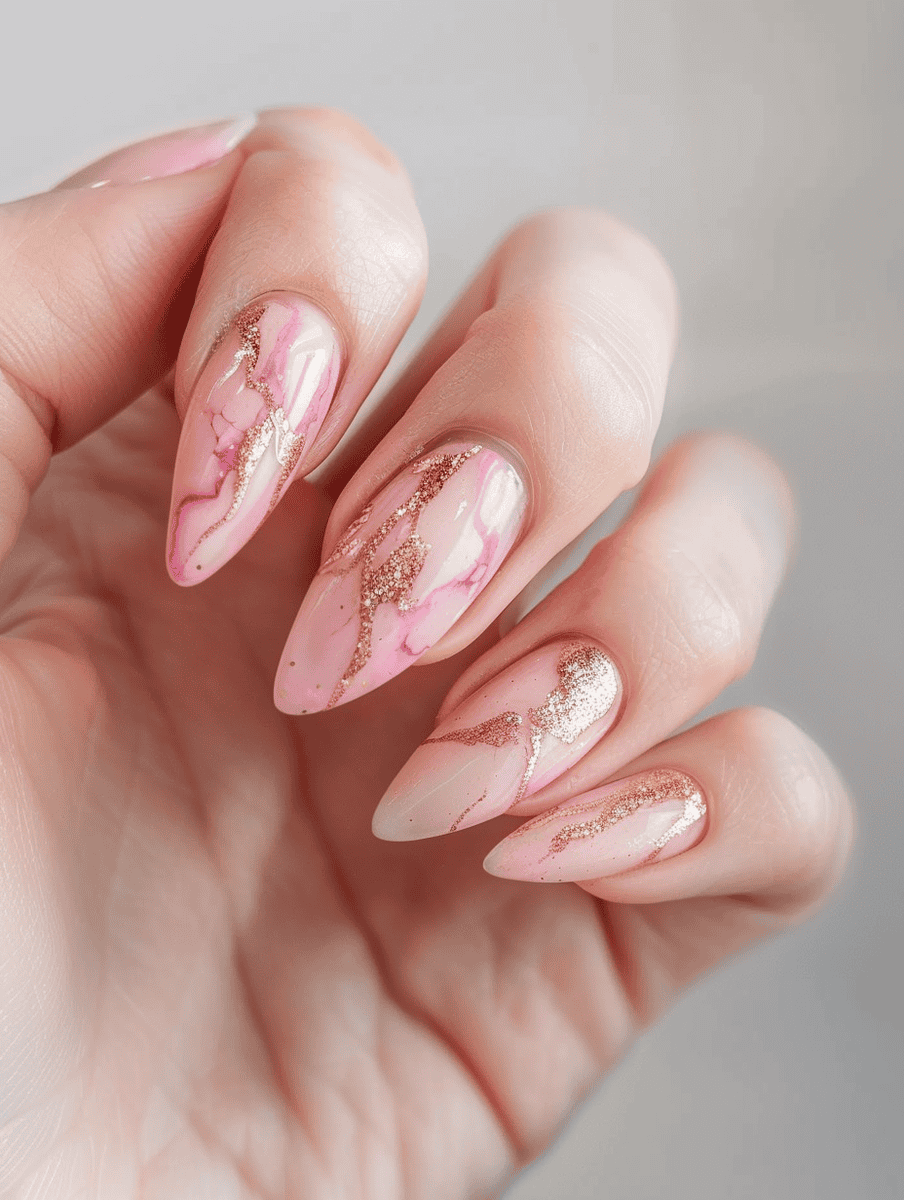 soft pink nail art with glitter marble veins