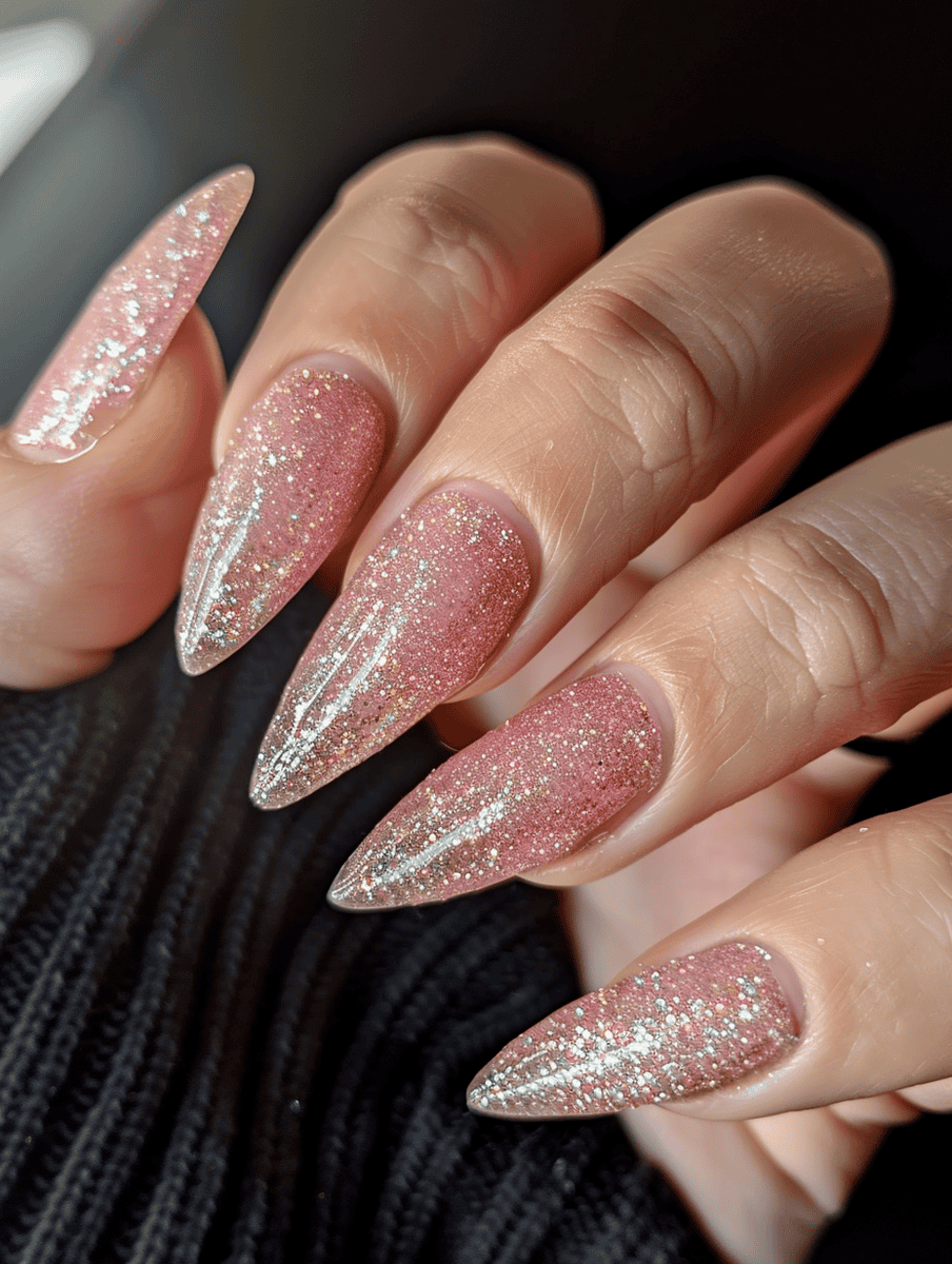 soft pink nail art with full glitter overlay