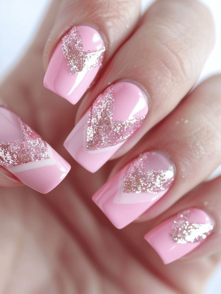  soft pink nail art with glitter chevron