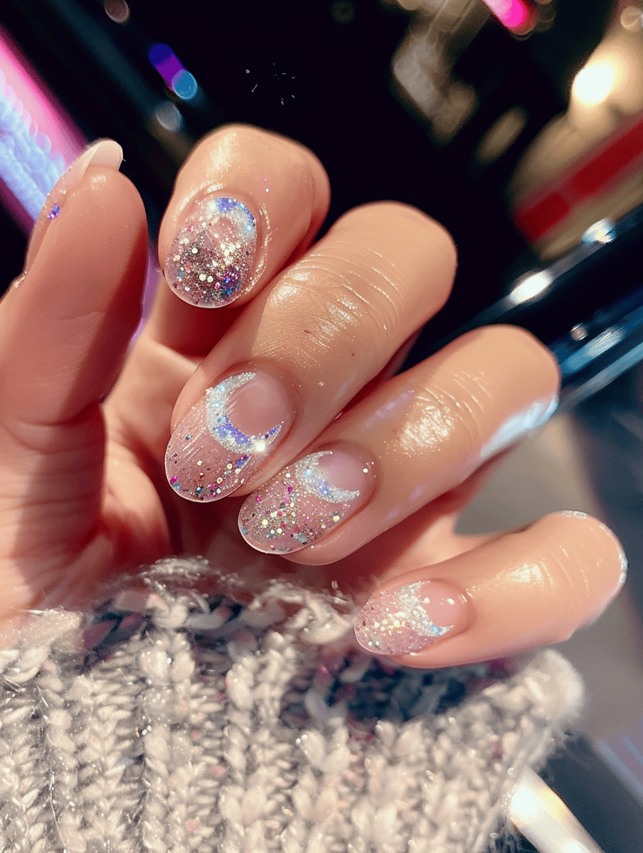 soft pink nail art with iridescent glitter crescents