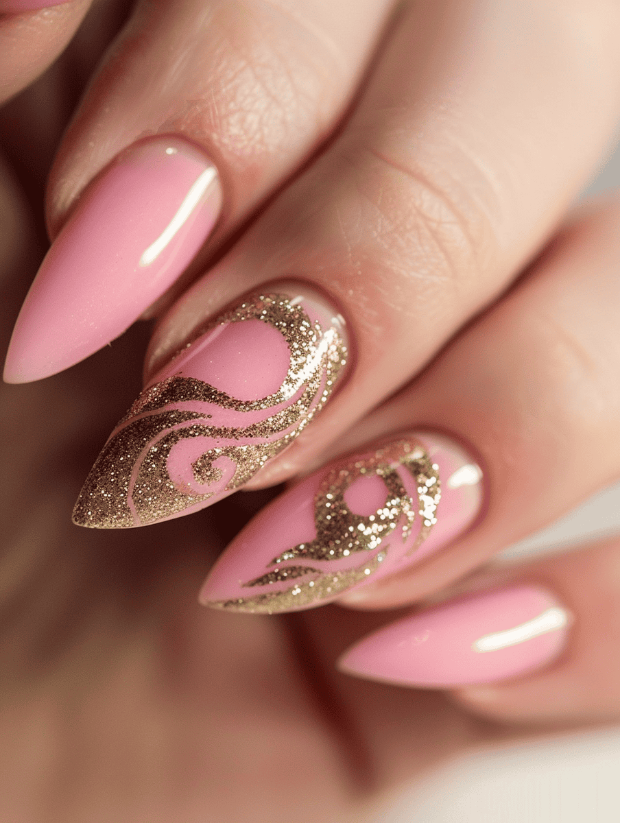 soft pink nail art with delicate gold glitter swirls