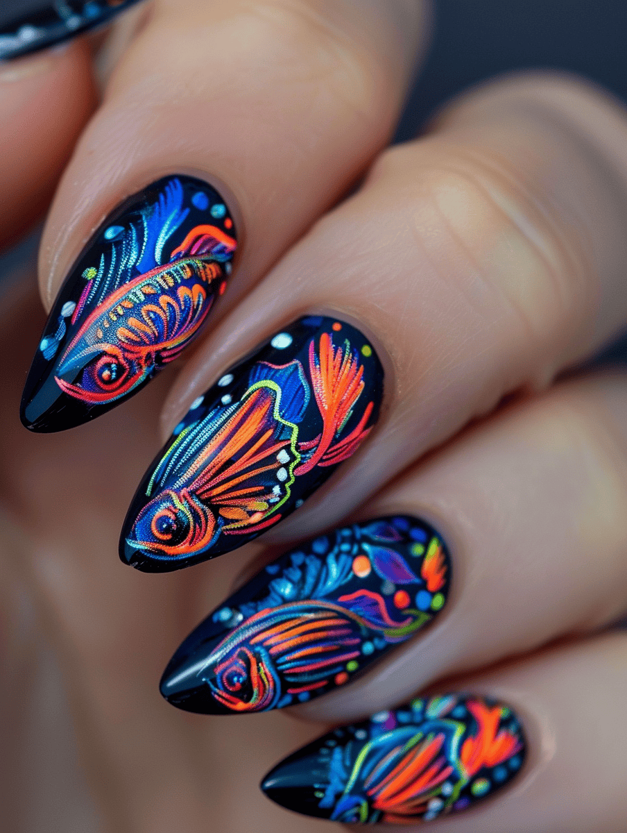 Underwater creature nail art with neon Tetra fish patterns