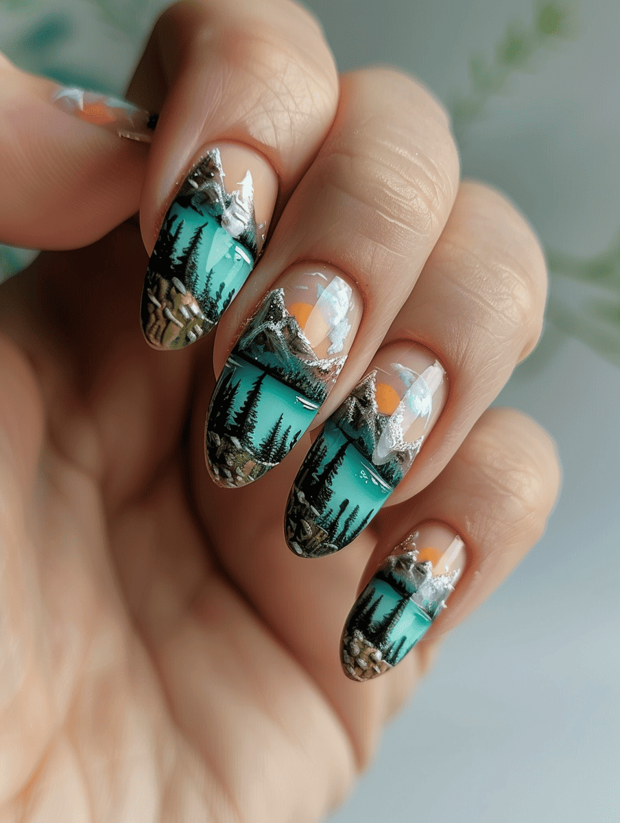 mountain landscape nail art with a clear blue lake and mountain vista