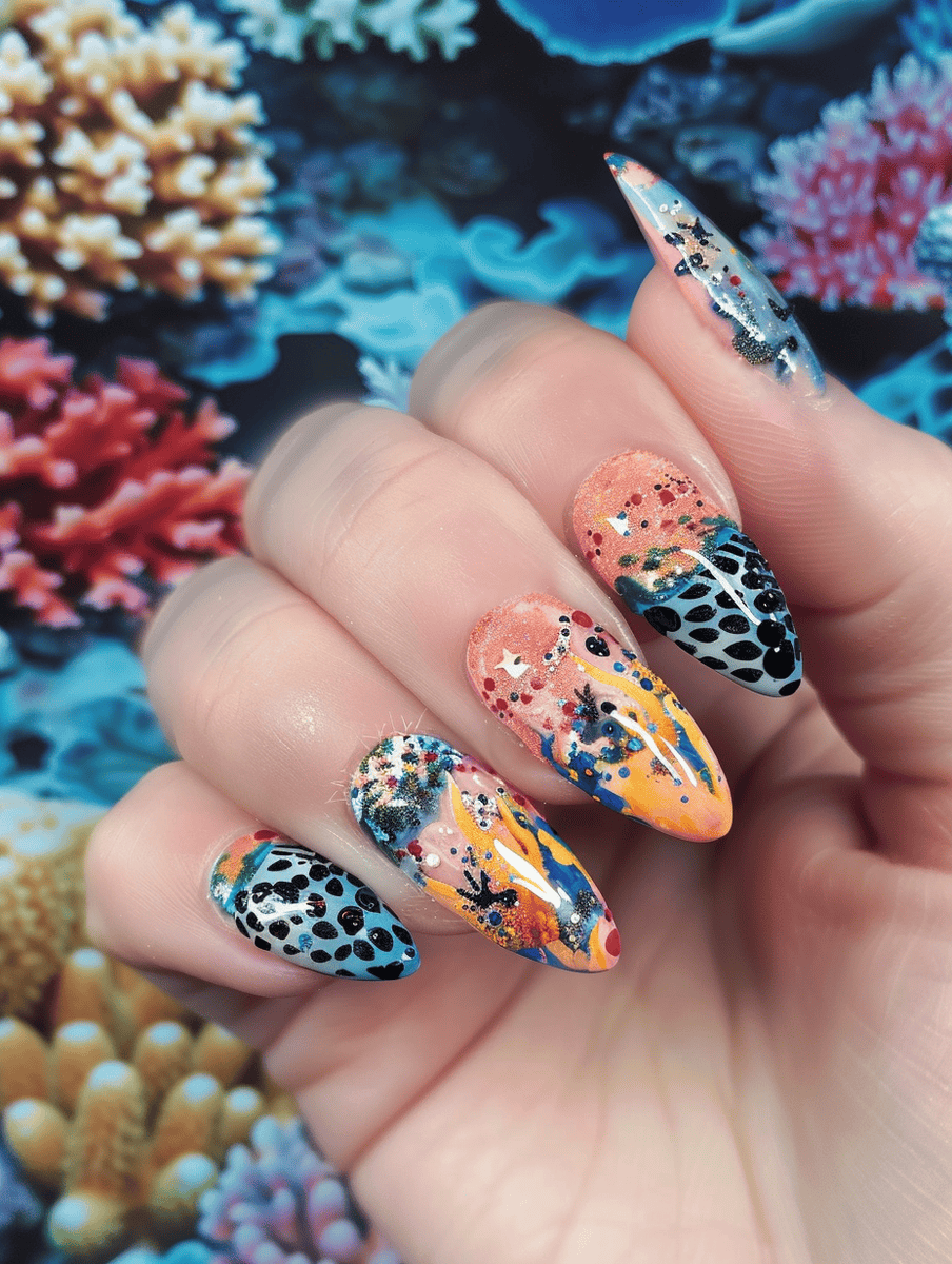 Underwater creature nail art depicting a coral reef