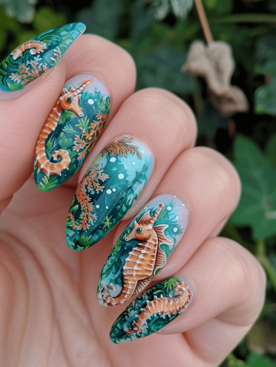 Underwater creature nail art with seahorse amongst seaweed
