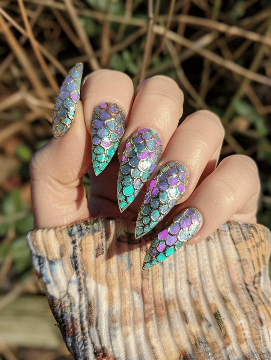 Underwater creature nail art with shimmering mermaid scales