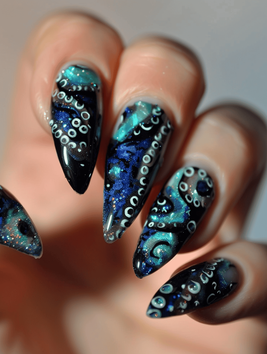 Underwater creature nail art with mystical octopus in deep waters