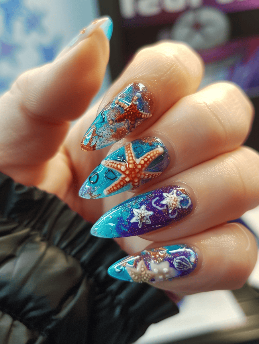 Underwater creature nail art featuring starfish on sandy bottoms