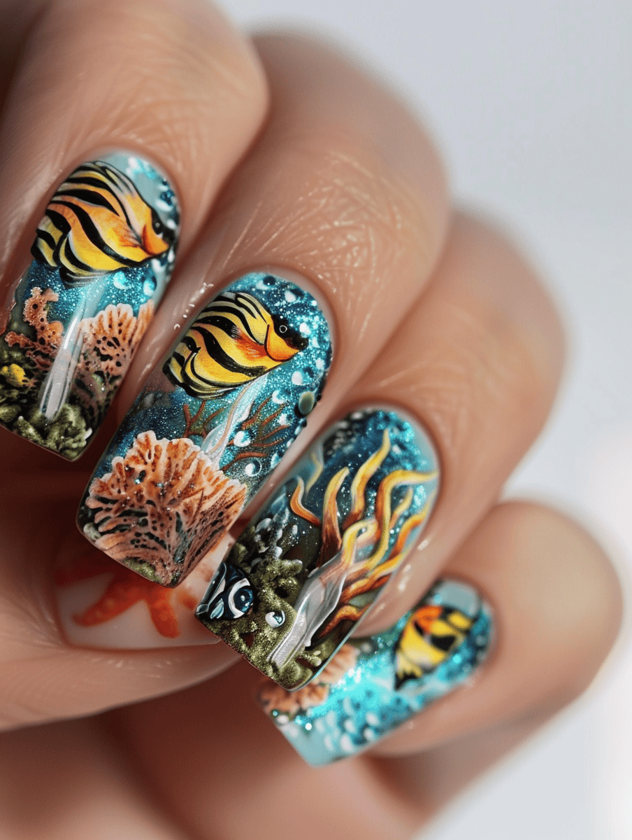Underwater creature nail art with angelfish elegance amongst coral