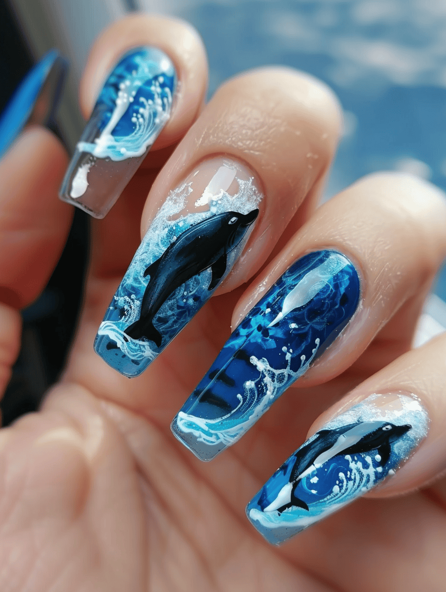 Underwater creature nail art featuring dolphin play in ocean waves