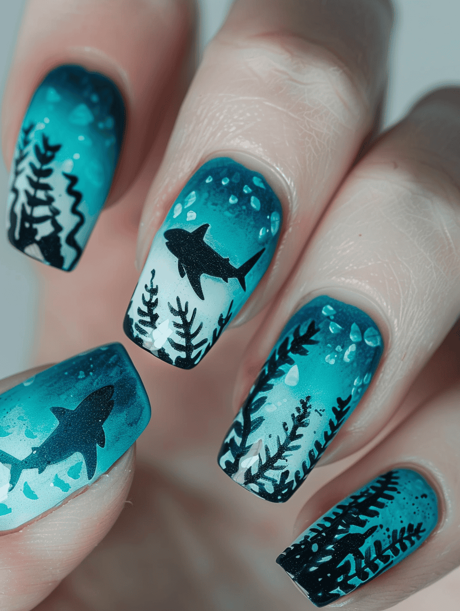 Underwater creature nail art with shark silhouette in the deep blue