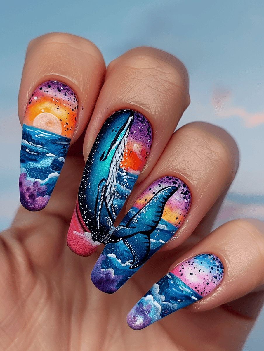 Underwater creature nail art featuring majestic whale tail at sunset