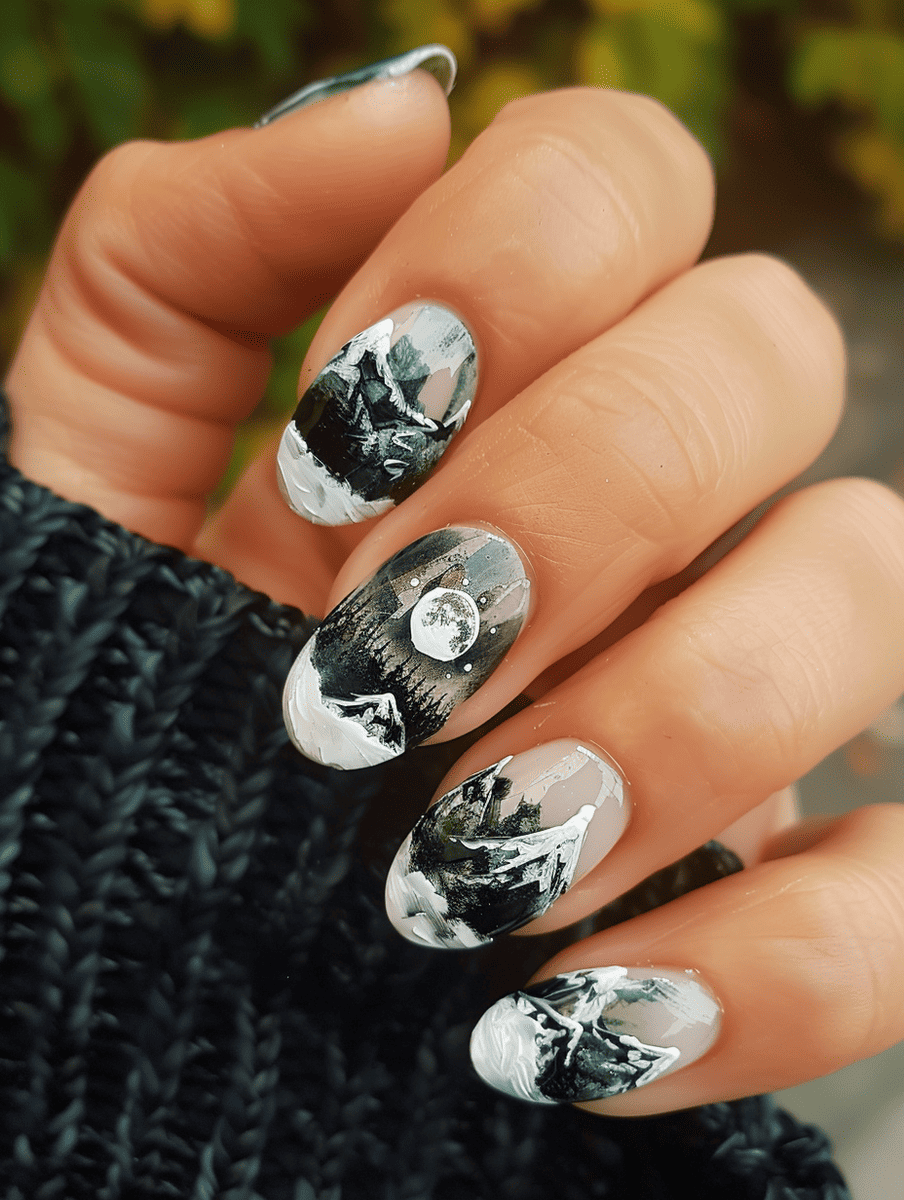 mountain landscape nail art with a full moon rising behind mountains