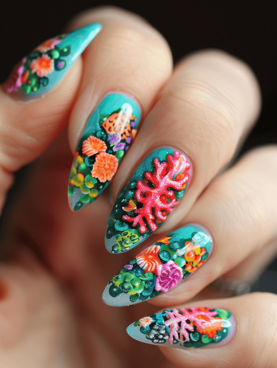 Underwater creature nail art with rainbow coral colonies in full bloom