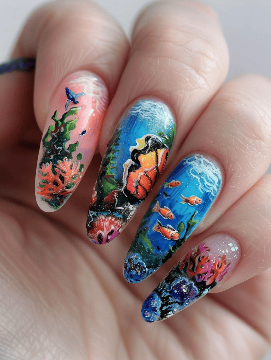Underwater creature nail art with tropical fish schooling in coral canyons