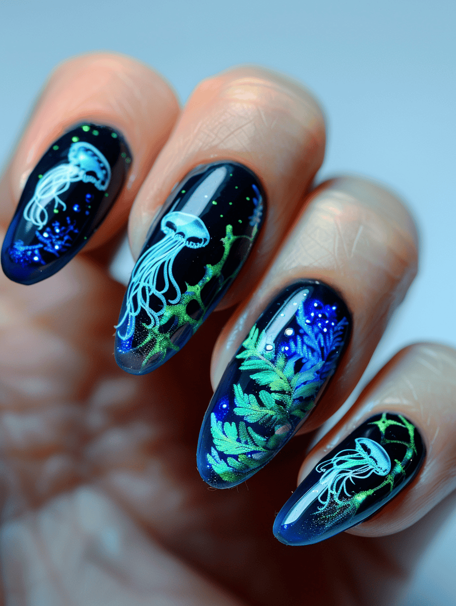 Underwater creature nail art with bioluminescent jellyfish among sea ferns
