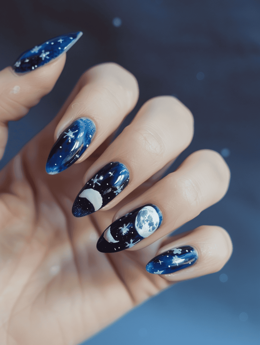 astronomy nail art with moon phases on deep blue