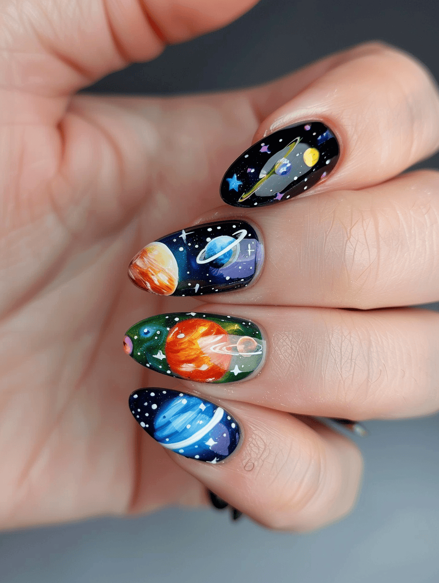 astronomy nail art with solar system planets in vibrant colors