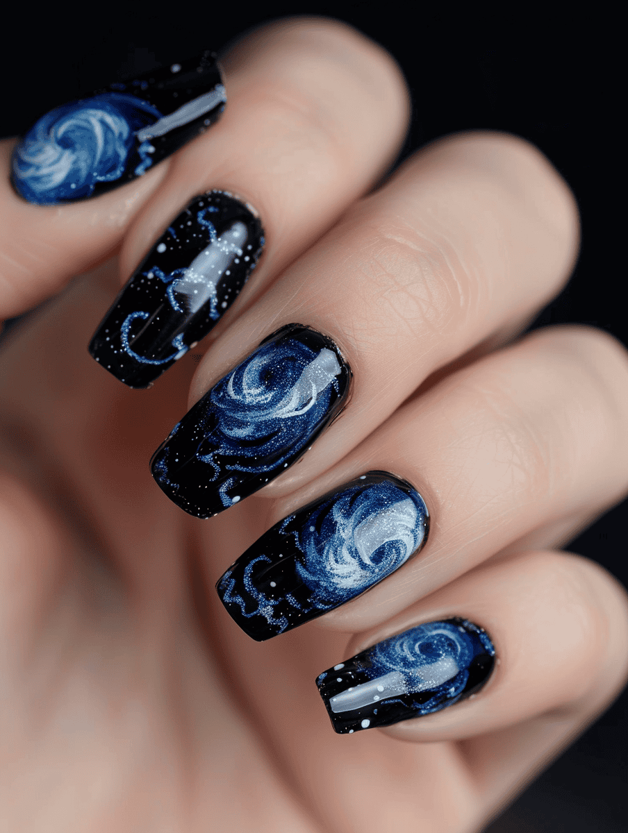 astronomy nail art with Milky Way galaxy swirls on black