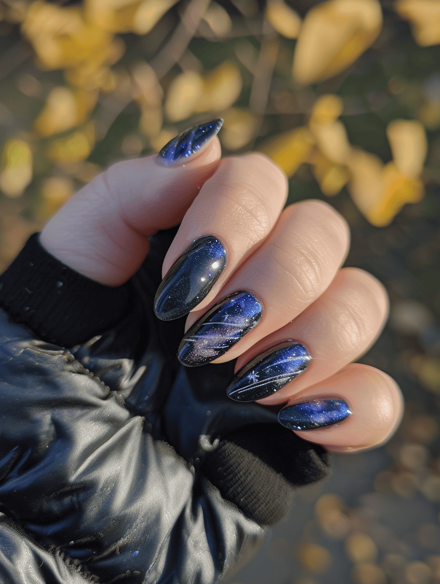 astronomy nail art with comet tails across dark sky