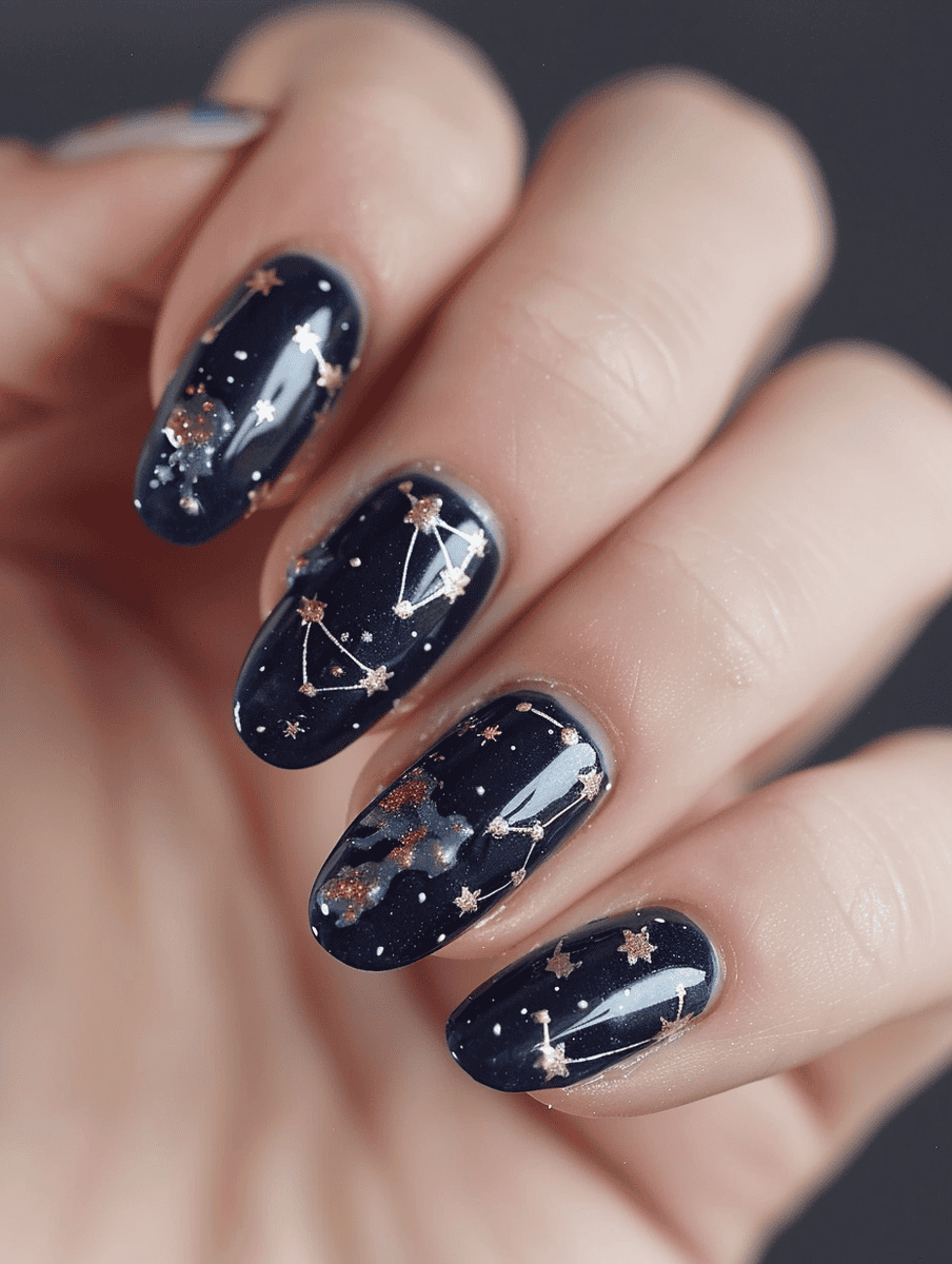 astronomy nail art with constellation patterns on navy
