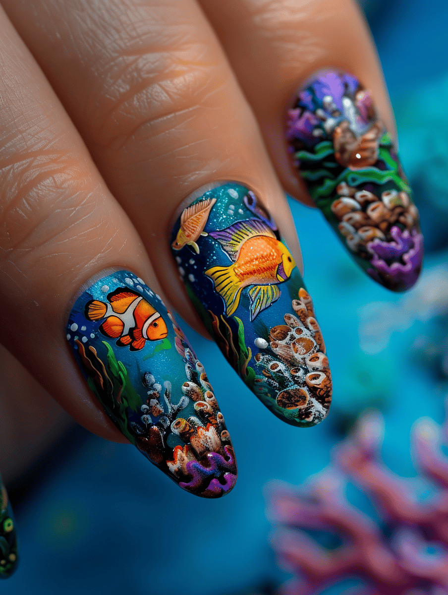 Underwater creature nail art featuring colorful fishes among coral gardens