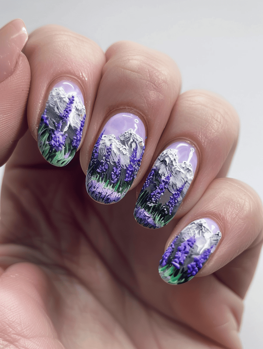 mountain landscape nail art with lavender fields and distant mountains