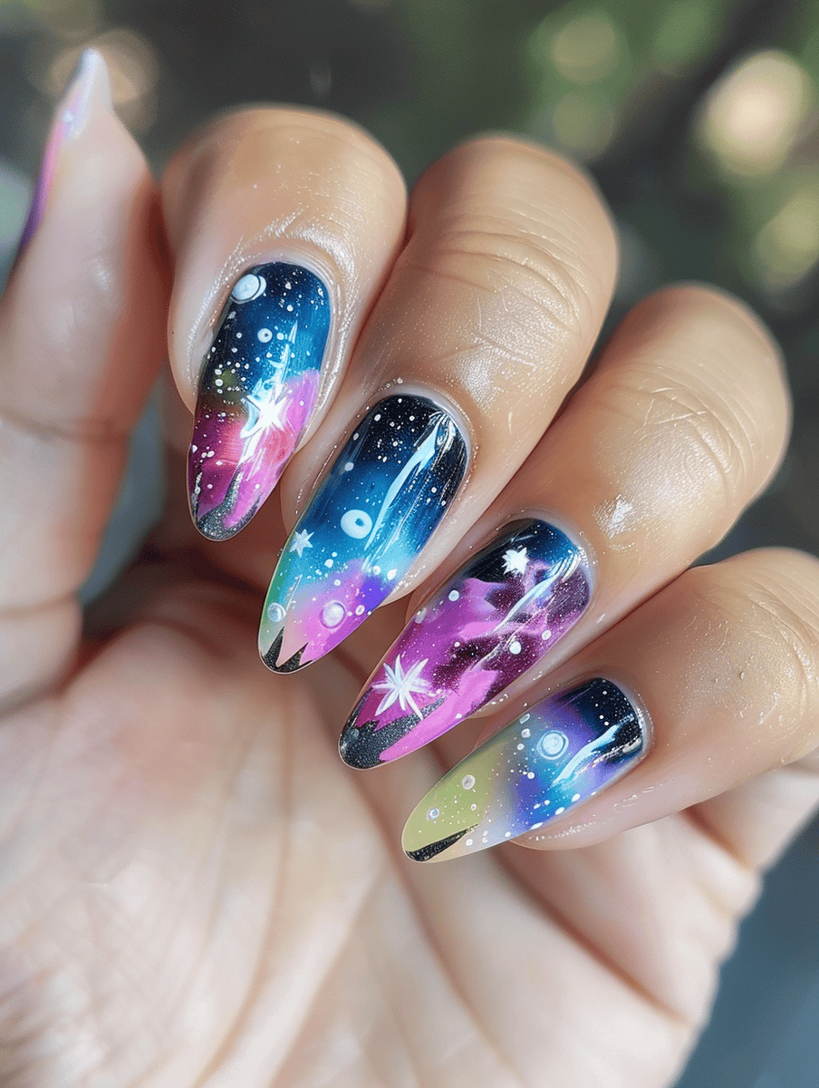 astronomy nail art with aurora borealis effects on glossy