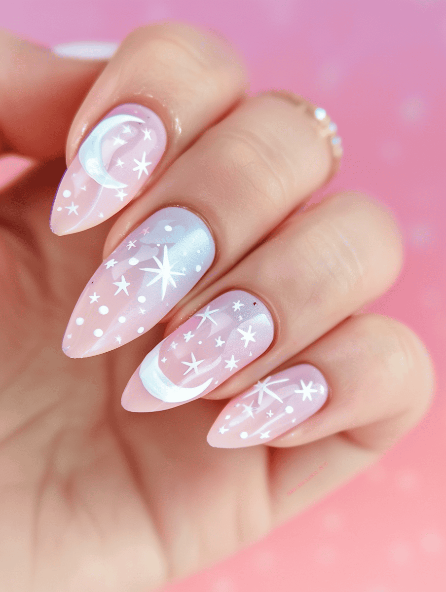 astronomy nail art with crescent moon and stars on pastel
