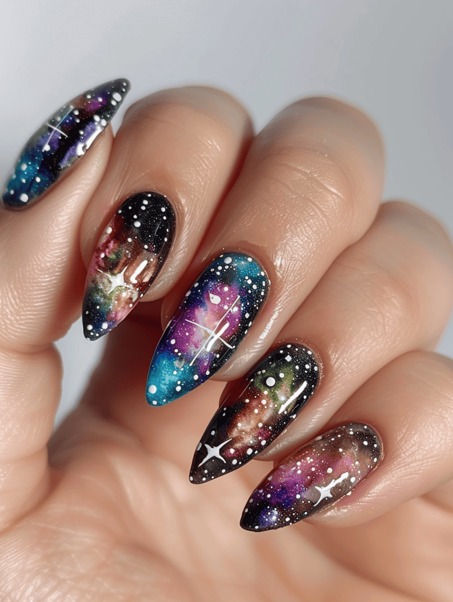 astronomy nail art with nebula patterns in jewel tones