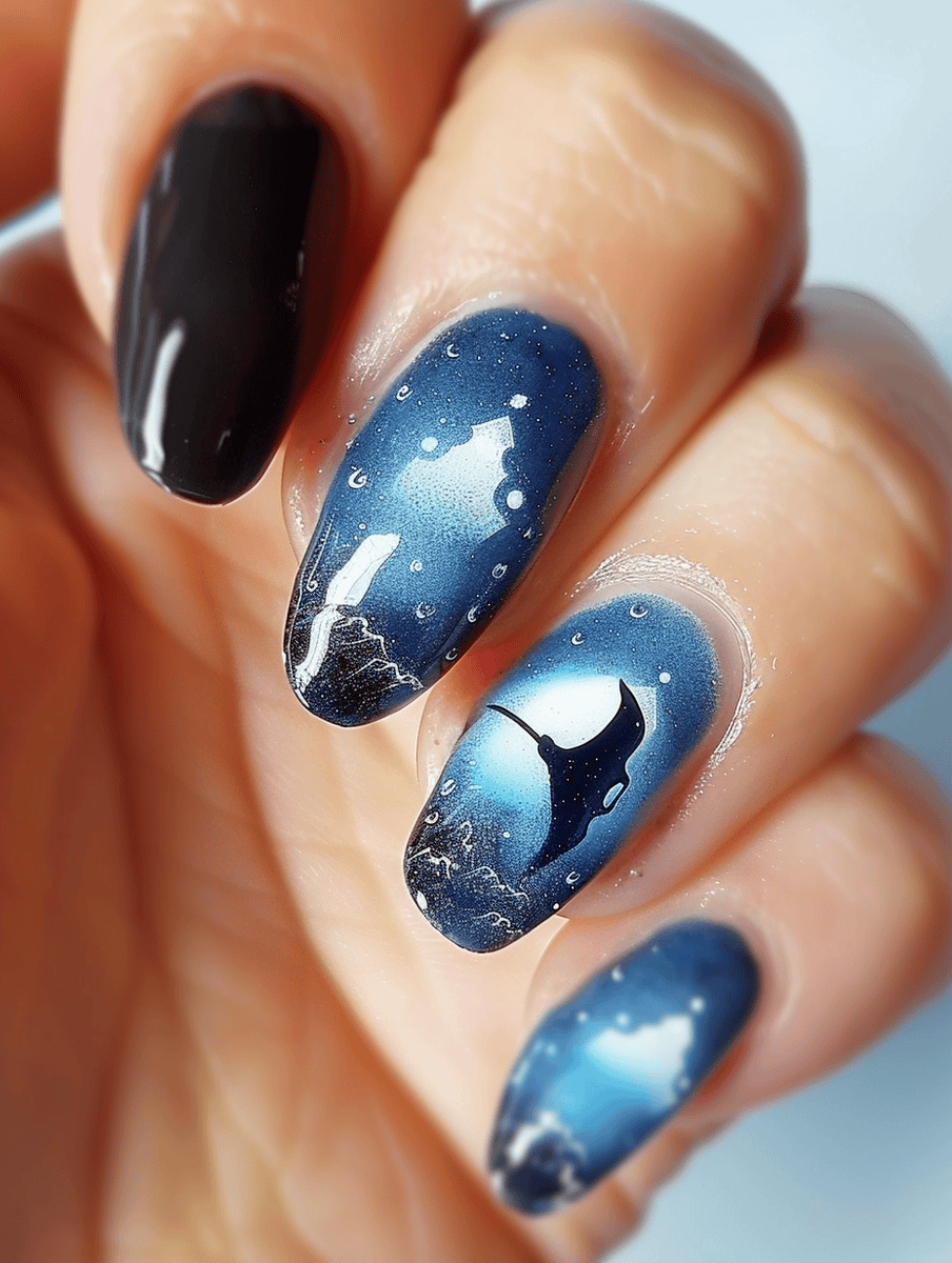 Underwater creature nail art with manta ray shadow over sandy sea floor