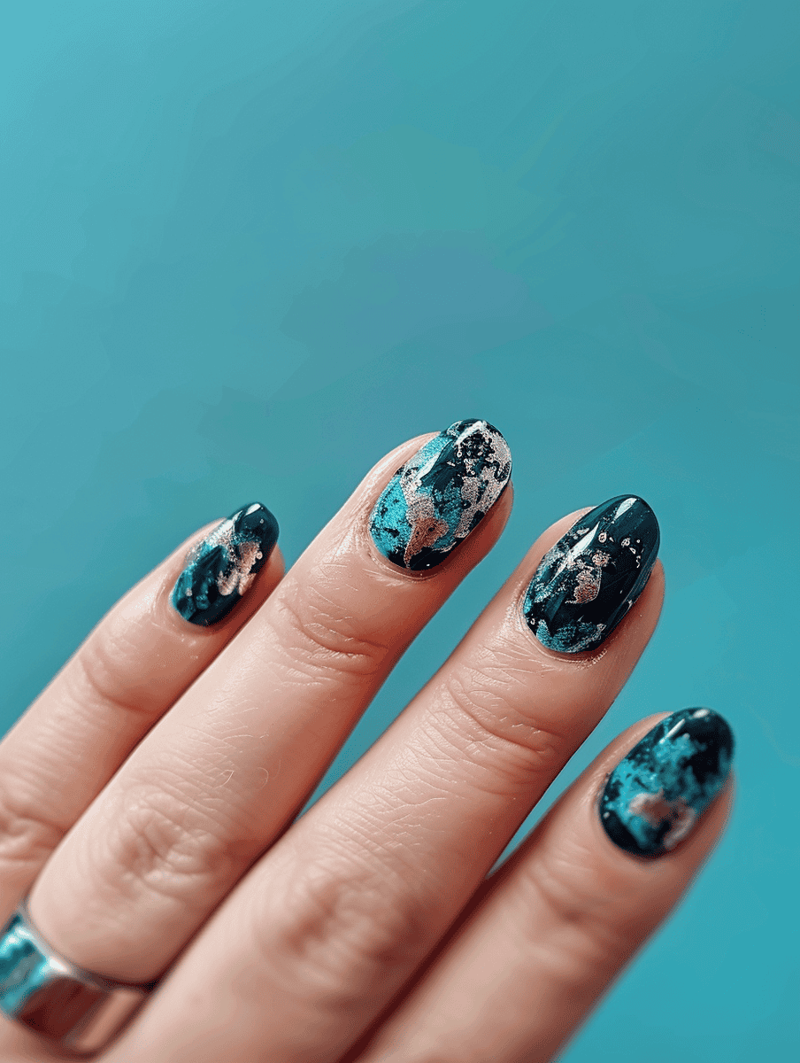 astronomy nail art with satellite views of Earth on turquoise