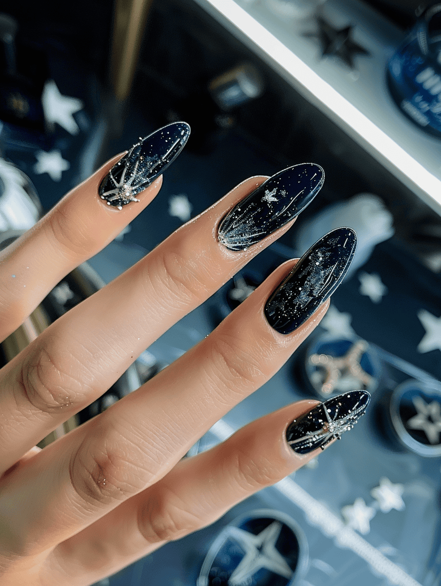 astronomy nail art with shooting stars on midnight blue