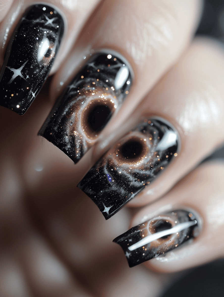 astronomy nail art with black hole illusion on glittery black