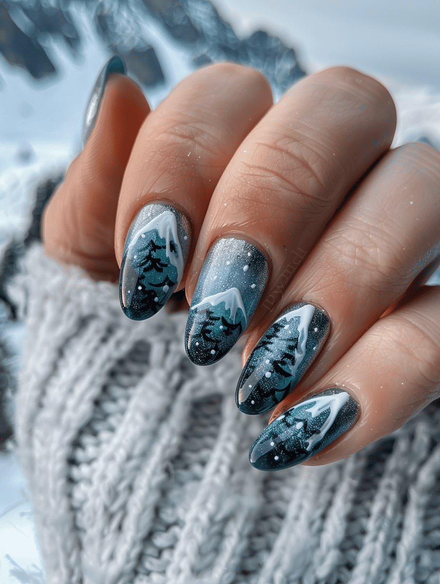 mountain landscape nail art with snow-capped peaks and a twilight sky