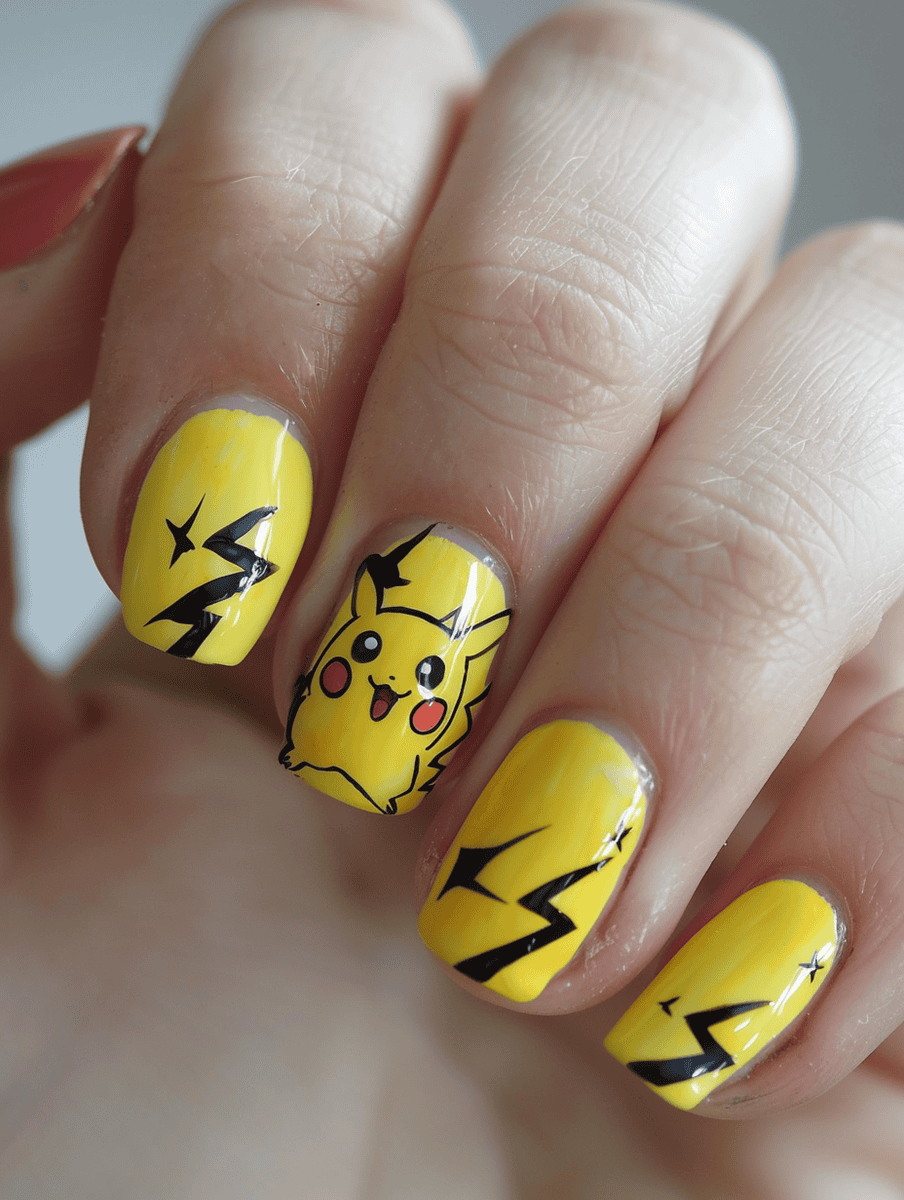 Pikachu nail art design with yellow with black lightning bolts
