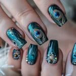 teal nails adorned by intricate peacock feather accents, blending sophistication with the splendor of nature 1600x900